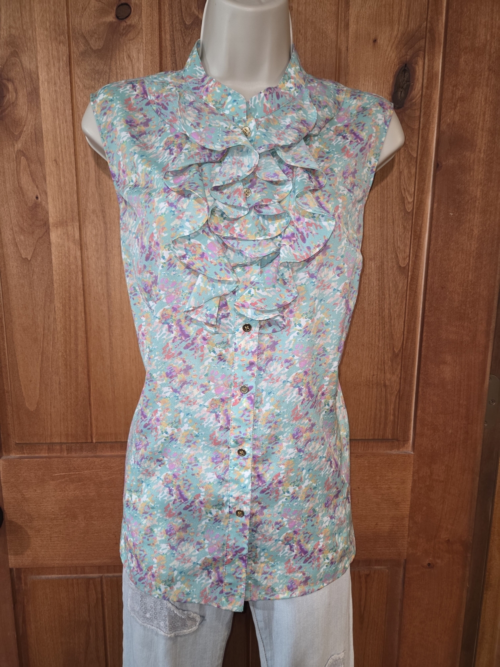 Tahari‎ Aqua Abstract Ruffle Sleeveless Blouse